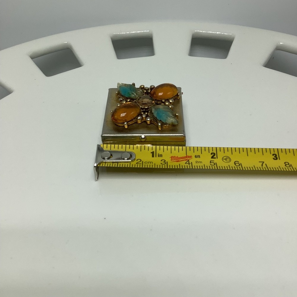 Vintage Gold Tone Pill Trinket Box Orange Turquoise Jeweled Square Box w/ Insert - Picture 11 of 12